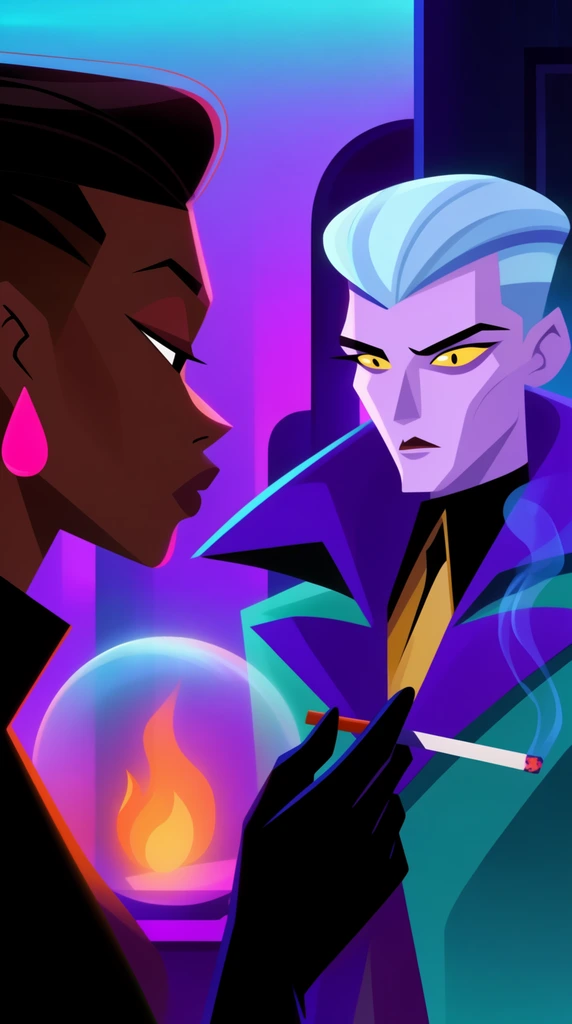 A vibrant, geometric digital illustration captures a tense exchange between two stylized characters in a neon-lit setting. On the left, a dark-skinned figure in profile wears a bold pink teardrop earring, holding a long cigarette trailing blue smoke with a black-gloved hand. Across from them stands a pale, lilac-skinned character with slicked icy blue hair, piercing yellow eyes, and a high-collared teal and violet coat. A glowing translucent orb containing a warm orange flame rests between them. The cinematic scene is illuminated by synthwave gradients of cyan and electric purple, featuring sleek dark architectural silhouettes, sharp angular character designs, and flat vector-style shading with striking high-contrast rim lighting.