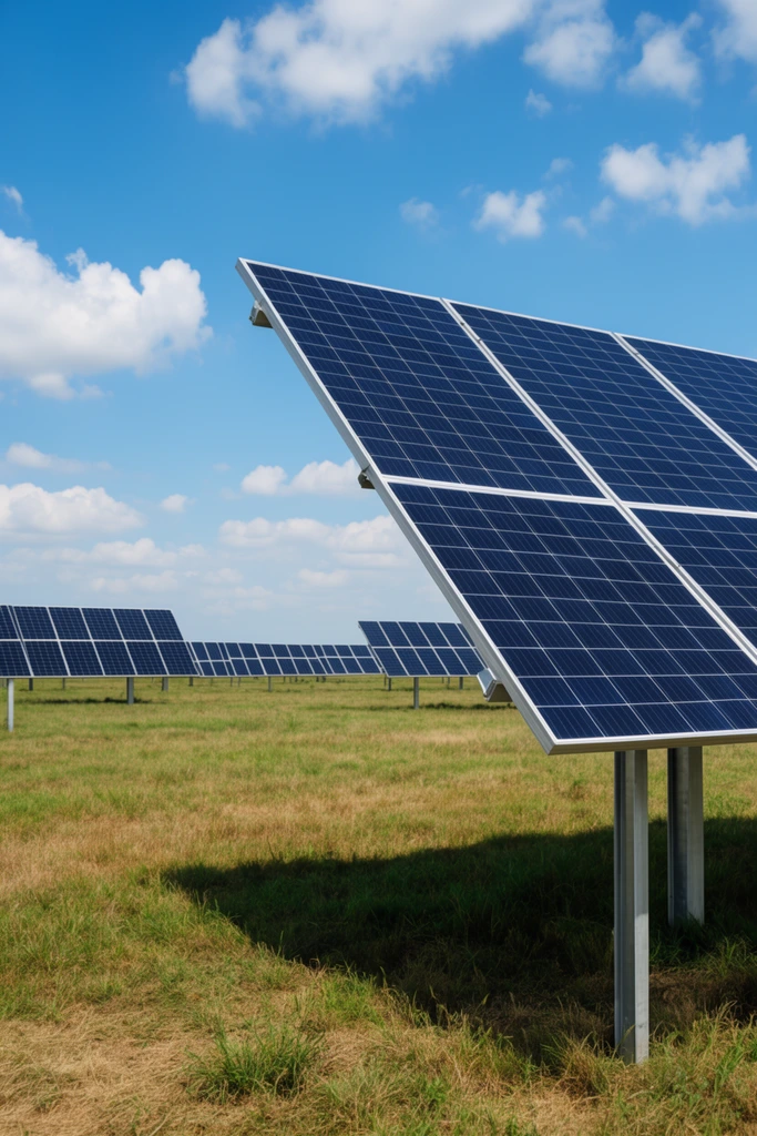large solar panel angling upward in the right foreground, dark blue photovoltaic grid, silver metal support pillars, deep shadow cast on the grass below, wide field of mixed green and dry brown grass, parallel rows of solar arrays receding toward the left horizon, bright blue sky, scattered white cumulus clouds, bright daytime sunlight, deep depth of field