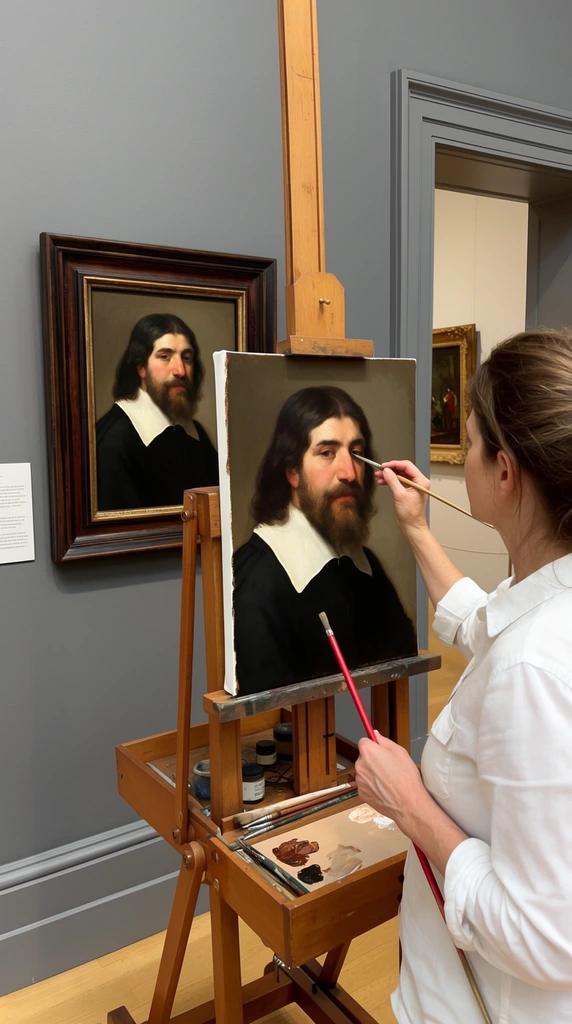 A woman artist in a white collared shirt stands in an art gallery, actively painting a reproduction of a framed portrait hanging on the wall before her. The original painting depicts a bearded man with shoulder-length dark hair, wearing a dark garment with a wide, bright white collar. The artist holds a long, thin paintbrush in her right hand, delicately applying paint to the eye area of her nearly completed replica on a canvas supported by a sturdy, adjustable wooden easel. The easel features a built-in tray holding various art supplies, including brushes, a palette with dabs of brown and white paint, and small containers. A red mahl stick leans against her arm. The gallery walls are painted a solid, medium grey. A white placard is mounted on the wall to the left of the original portrait. In the background, an open doorway framed by grey molding reveals an adjacent room with a lighter wall, where another framed painting is partially visible.