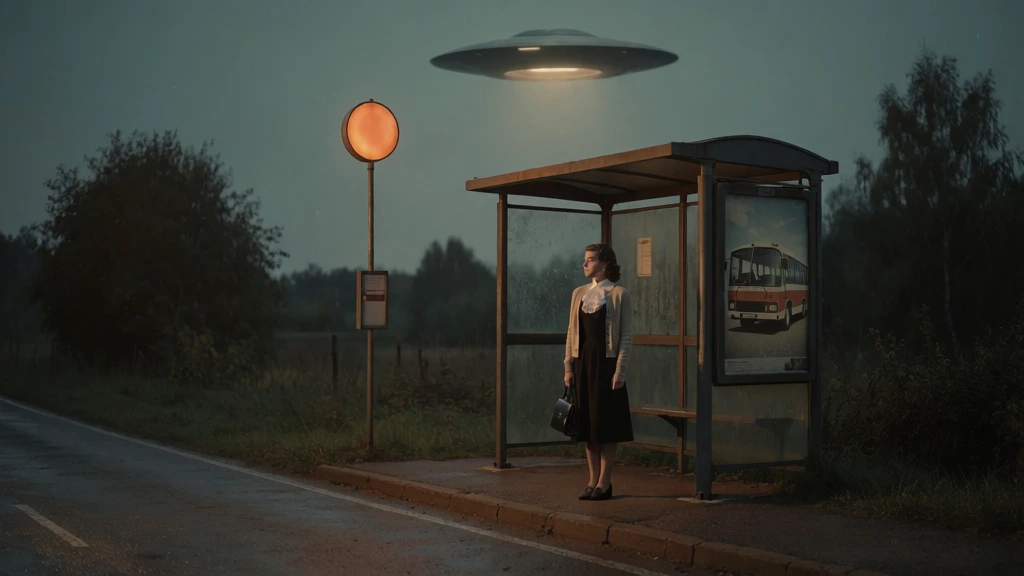 woman at vintage bus stop under hovering ufo, cinematic photograph, nostalgic eerie retro sci-fi