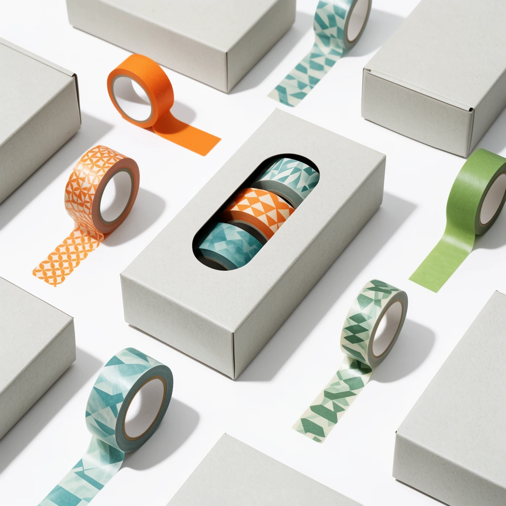 scattered light grey rectangular cardboard boxes and patterned paper tape rolls on a white surface, flat lay composition, one box features a pill-shaped die-cut window revealing three colorful tape rolls inside, loose tape rings displaying solid colors and geometric patterns in muted orange teal and green, clean minimalist product photography, soft directional studio lighting casting crisp diagonal shadows, high key lighting, modern aesthetic