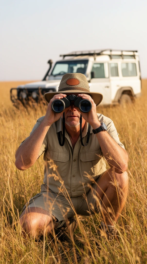 A middle-aged man crouching in tall golden grass peers through black binoculars held to his eyes. He wears a khaki short-sleeved safari shirt, matching shorts, a dark wristwatch, and a woven wide-brimmed hat featuring an oval leather patch. In the softly blurred background, a rugged white off-road vehicle with a roof rack rests on the flat savanna beneath a pale clear sky. Shot from a low angle through the dry stalks, the image uses a shallow depth of field to keep the figure in sharp focus against the blurred foreground foliage and distant car, all illuminated by warm natural sunlight.