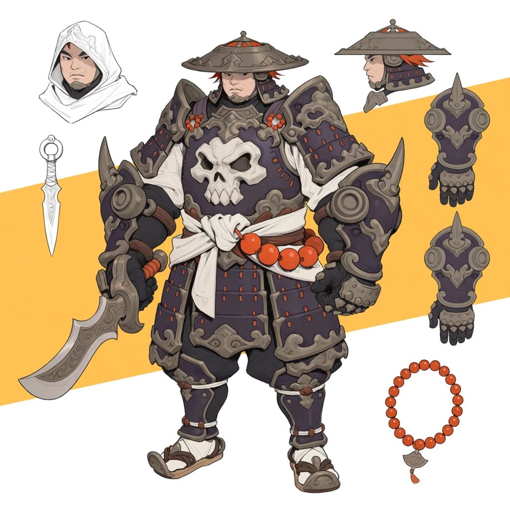 A character design sheet features a heavily armored warrior in a central front-facing pose surrounded by several detail sketches against a white background with a broad, diagonal yellow stripe. The central figure is a stocky man clad in dark purple and grey ornate plate armor decorated with intricate swirling patterns. His chest piece prominently features a large, stylized white skull, and a wide, conical metal hat sits atop his head, revealing hints of orange hair underneath. A thick white sash is tied around his waist, accented by a string of large, vibrant orange beads. His arms are protected by oversized, segmented gauntlets with prominent circular joints and sharp, upward-pointing spikes on the pauldrons. He holds a broad, ornate sword with a curved wooden handle and a decorated silver blade in his right hand. His legs are covered in segmented plating over dark trousers, finishing in traditional-style sandals with metal reinforcements and white wraps. To the top left, a supplementary sketch shows a headshot of the character wearing a white hood. Near this, a small drawing depicts a throwing knife with a ring-shaped pommel. To the right of the main figure, a side profile of the helmeted head is displayed, along with two vertical detail drawings of the gauntlets from different angles. In the bottom right corner, a close-up illustration highlights the string of orange prayer beads with a small silver pendant. The digital artwork uses clean line work and flat coloring with subtle shading, presenting an orthographic perspective typical of character concept art.