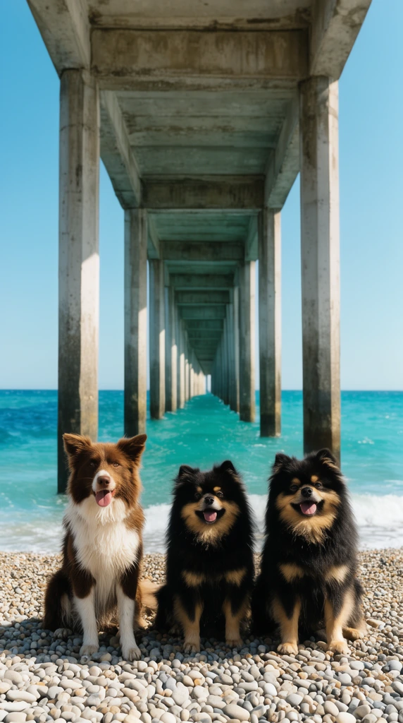 three dogs sitting on a pebble beach, one brown and white dog beside two black and tan fluffy dogs, directly beneath a concrete pier, symmetrical receding pillars forming a deep central vanishing point, turquoise ocean water, bright sunlight, low camera angle