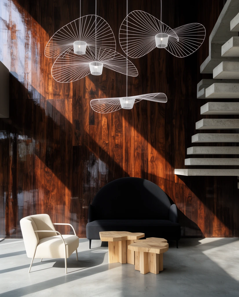 Delicate white wireframe pendant lights with asymmetrical fan-like shapes hang at varying heights against a glossy dark wood-paneled wall. Below sits a minimalist cream armchair, a black sofa with an arched backrest, and chunky light-wood tables. A concrete floating staircase ascends on the right. Dramatic sunlight casts sharp architectural shadows across the rich wood backdrop and smooth concrete floor.