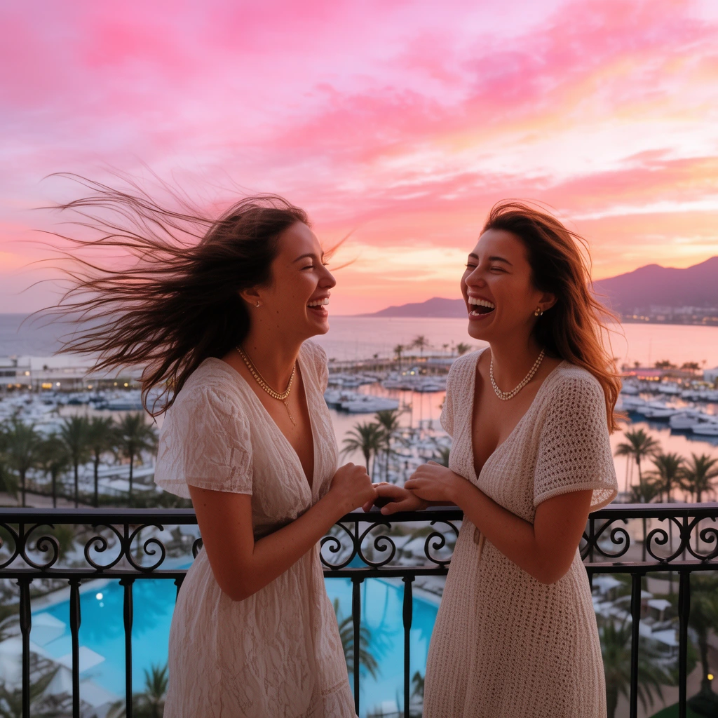 Two women laugh on a balcony overlooking a coastal marina at sunset. Wind blows their hair as they stand by a wrought-iron railing. The vibrant pink and orange sky illuminates distant mountains, palm trees, and resort pools below.