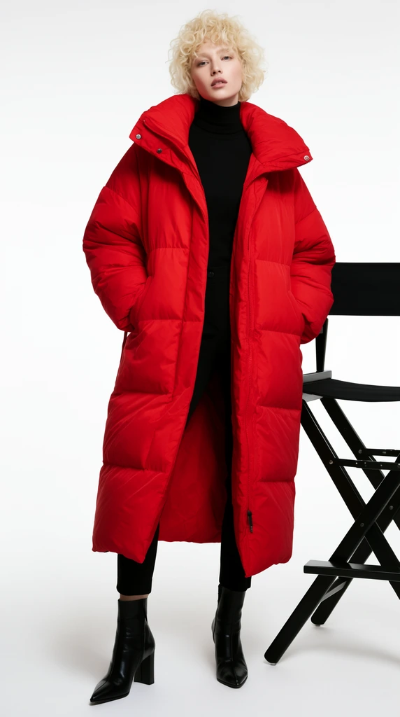 tall woman, short blonde curly hair, long red oversized puffer coat, black turtleneck, standing next to black director's chair, white studio backdrop, fashion photography