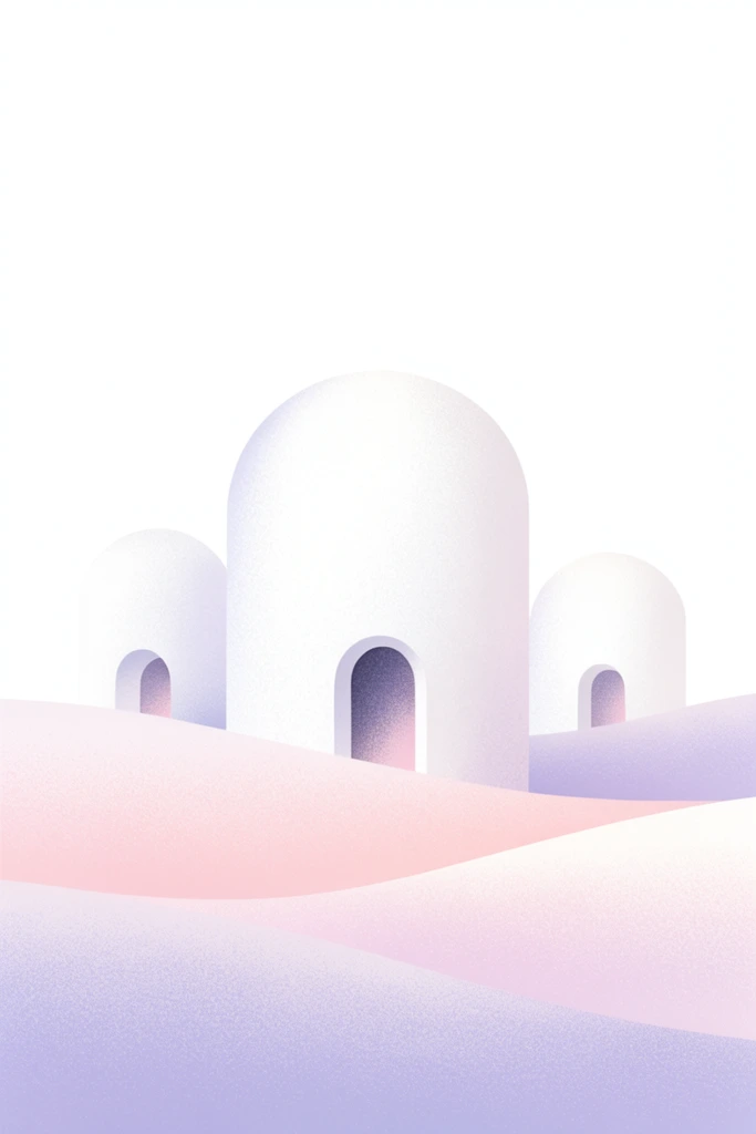 three white domed buildings in rolling hills, minimalist digital illustration, soft pastel lavender and pink gradients, stippled grain texture, arched doorways, pure white background