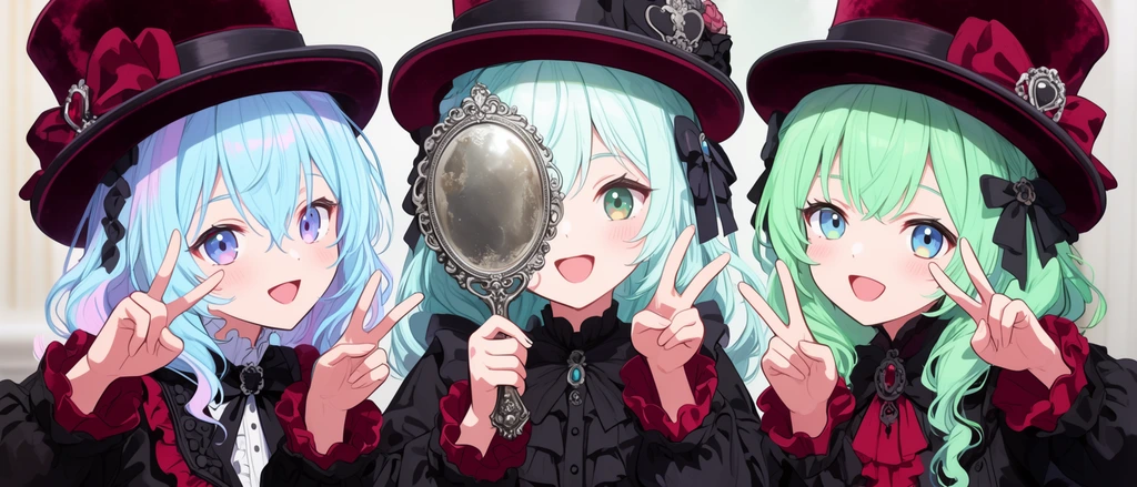 three anime girls in gothic lolita attire, pastel blue and mint green hair, large velvet top hats, black and crimson ruffled dresses, middle girl holding an antique silver hand mirror up like a camera, all making peace signs, cheerful smiles, close-up portrait, soft studio lighting, high quality digital art style, anime cel shading, bright vibrant colors