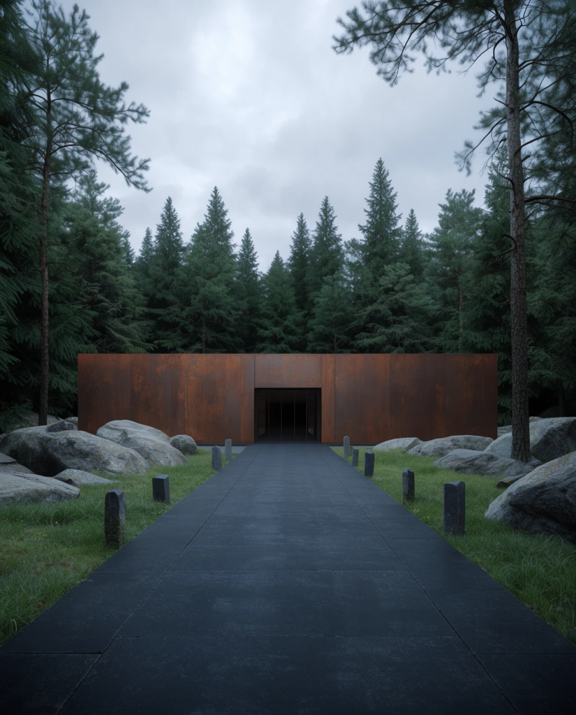 A dark paved walkway leads to a minimalist rectangular building with a rusted steel facade in a dense evergreen forest. Small stone markers line the path alongside grass and large boulders. The photorealistic architectural rendering features an overcast sky and cool diffused lighting.