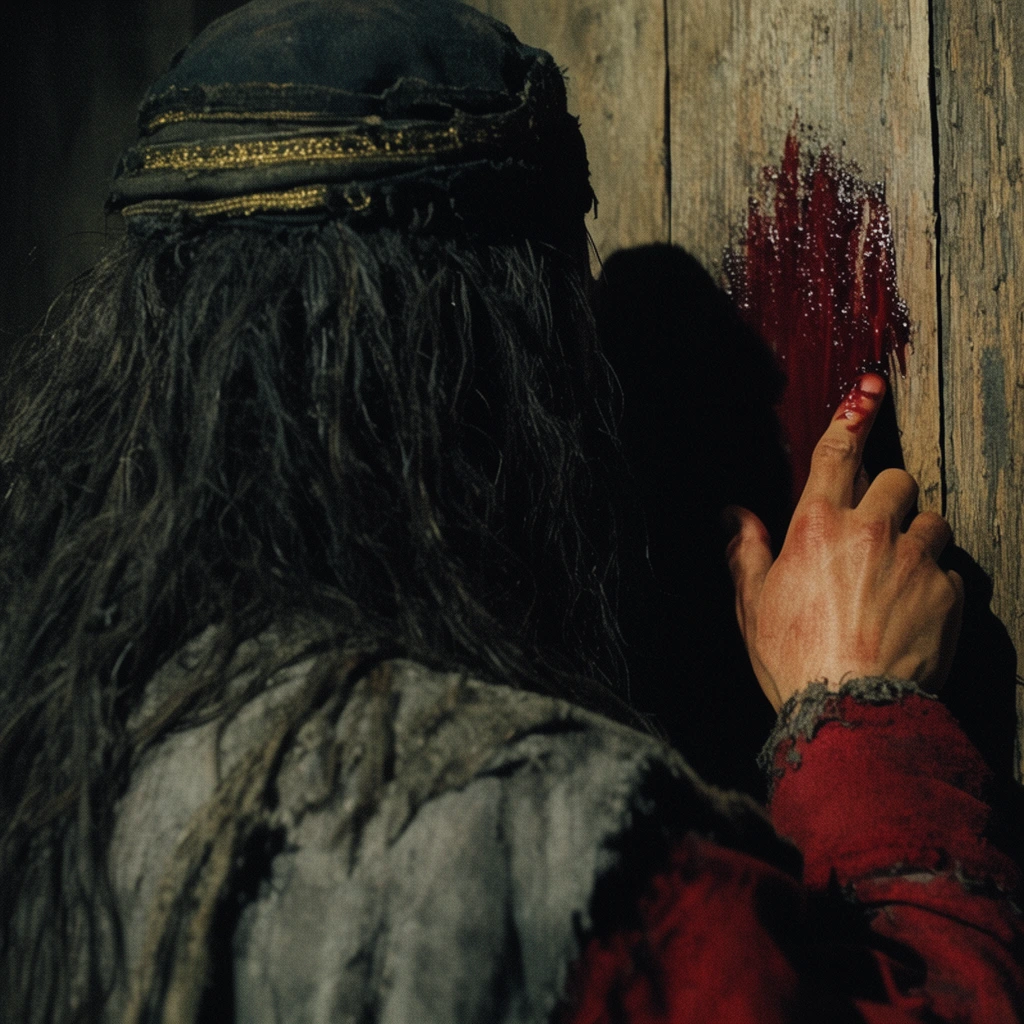 close-up from behind of a figure with long tangled dark hair and a dark fabric cap with gold trim, distressed grey and red garments, right hand raised smearing dark red fluid with the index finger onto a rough vertical wooden wall, harsh deep shadows, moody low-key lighting, cinematic 35mm film grain, gritty texture