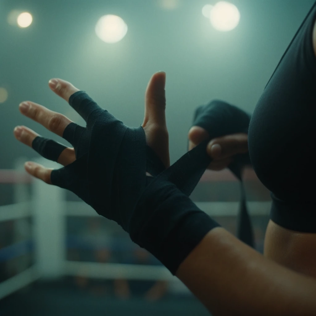 A cinematic close-up focuses on hands wrapping black fabric tape around knuckles. The left hand holds its fingers splayed, partially wrapped in dark material, as the right hand pulls the bandage taut. Beside the hands, the curve of a torso in a black sports top is visible. The shallow depth of field reveals a blurred boxing ring in the background. Thick atmospheric haze fills the space, drenched in a moody teal color grading. Bright overhead lights diffuse through the fog to form large, soft bokeh circles.