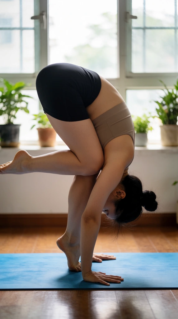 A woman performs a balancing yoga pose on a blue mat. She holds a deep forward bend, balancing on her tiptoes with knees tucked against her chest and hands pressed flat on the floor. She wears black athletic shorts and a beige sports bra, with her dark hair tied in a bun. The indoor setting features wooden floors and a white windowsill lined with potted plants. Large multi-paned windows softly backlight the scene with natural daylight, creating a shallow depth of field.