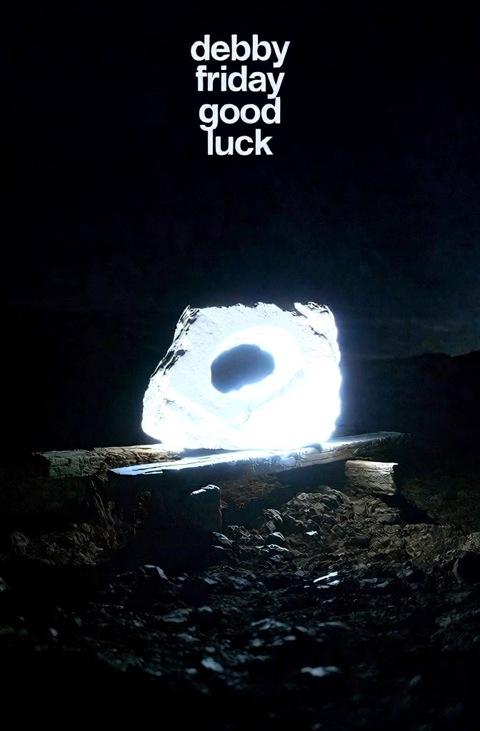 ultra-high contrast monochromatic night photography, centered stone block with a deep hollow cavity resting on weathered wooden beams, the subject rendered in a brilliant glowing white reflective finish, pitch black background with a rocky desolate terrain foreground, stacked wide sans-serif typography at the top reading debby friday and good luck, minimalist noir aesthetic, harsh glowing highlights against obsidian shadows, cinematic atmosphere