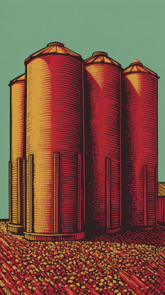 Four grain silos stand upon a heavily textured bed of gravel, rendered in a vibrant, high-contrast woodcut engraving illustration style. The towering cylindrical structures are defined by a striking, limited color palette featuring vivid mustard-yellow highlights, deep crimson red midtones, and stark black shadows. The three-dimensional volume of the silos is constructed meticulously through sweeping, contoured parallel lines and dense cross-hatching, using varying line thickness and spacing to establish dramatic chiaroscuro lighting. Below the silos, the gravel ground is delineated with clustered, bold graphic shapes, heavy stippling, and short, thick hatch marks in alternating reds and golds. The entire scene is set against a solid, smooth seafoam green background, creating a sharp graphic separation from the main subjects. The aesthetic faithfully mimics traditional relief printmaking and vintage poster art, utilizing crisp, bold outlines and methodical, engraved shading techniques.