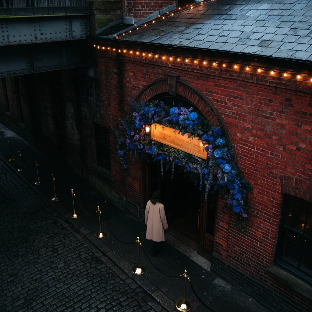A high-angle, cinematic view of a red brick venue on a dark cobblestone street beneath a metal overpass. Warm string lights trace the slate roof above an arched entrance featuring a glowing wooden board draped in cascading blue and purple floral arrangements. Brass stanchions line the edge of the street where a solitary figure in a beige coat approaches the dimly lit doorway, enveloped in deep, moody urban shadows.