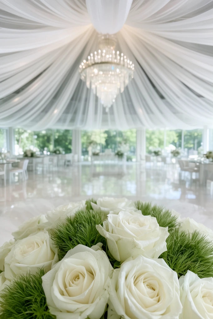 A dense bouquet of pristine white roses and spiky green floral fillers dominates the foreground in sharp macro focus. The deeply blurred background reveals an elegant event pavilion with a high ceiling symmetrically draped in sheer white fabric converging on a large, tiered crystal chandelier. A highly polished floor mirrors the radiating drapes and soft ambient light. Empty reception tables and white chairs are arranged near expansive windows showing lush green trees outside. Shot with a wide aperture, the bright, airy composition emphasizes extreme shallow depth of field and elegant symmetry.