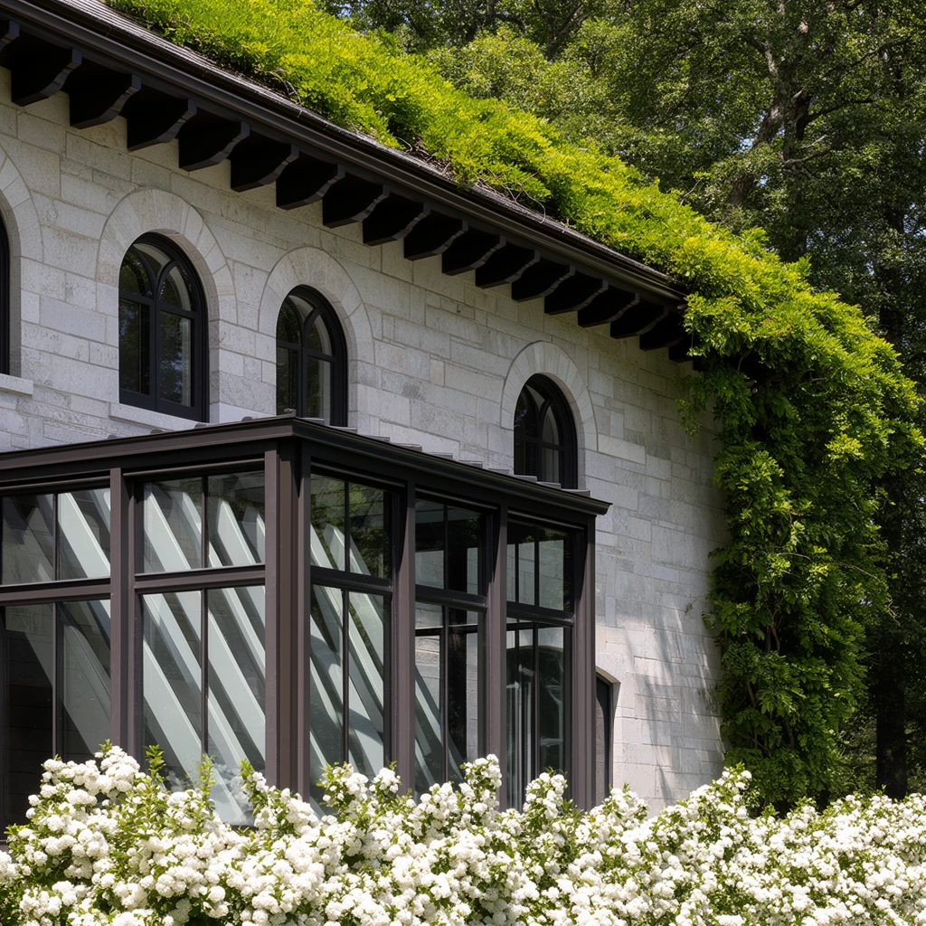 light gray stone facade with dark-framed arched windows, protruding glass-enclosed sunroom, dark structural framework, exposed rafter tails, diagonal interior blinds, lush green climbing vines covering the roof and cascading down the wall, abundant white flowering bushes in the foreground, dense mature trees, bright natural daylight, crisp shadows, architectural photography