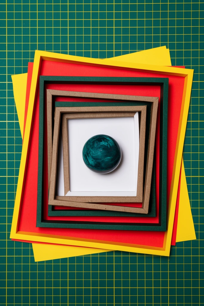 top-down flat lay of unevenly stacked nested hollow square frames, bright yellow paper, vibrant red paper, dark green paper, brown cardboard, white paper, framing a central dark teal marbled sphere, resting on a green cutting mat with an intersecting yellow grid pattern, geometric collage, crisp edges, contrasting bold colors, sharp focus, studio lighting