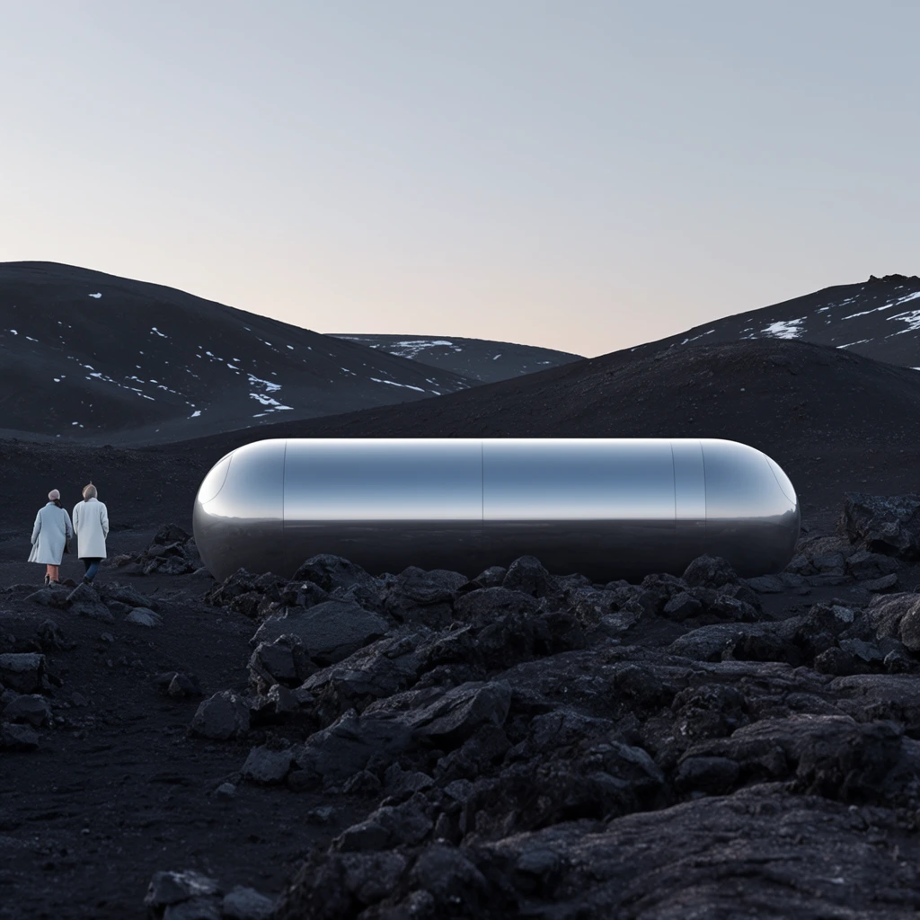 A sleek, metallic silver capsule rests horizontally among dark, jagged volcanic rocks. The futuristic, pill-shaped pod reflects a pale gradient sky. To the left, two small figures in light coats walk across the charcoal-colored terrain toward the structure. Rolling dark hills with sparse snow rise in the background. This wide-angle architectural visualization contrasts the highly reflective, smooth artificial surface against the rugged, matte environment under cool cinematic lighting.