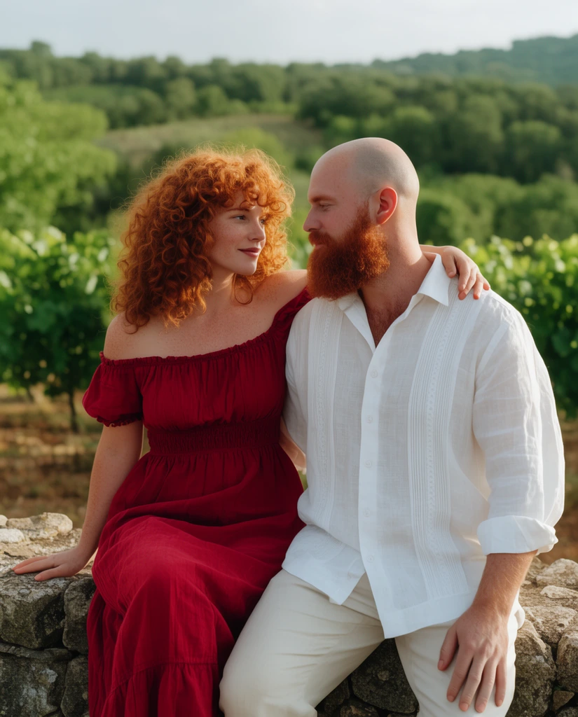 A romantic couple sits intimately against a rustic stone vineyard wall under warm sunlight. The woman, with voluminous curly red hair and an off-the-shoulder crimson sundress, casually drapes her arm behind her partner. The man, bald with a thick red beard and wearing a loose white linen guayabera, leans in close to meet her gentle gaze. A cinematic medium shot captures their affectionate connection, bathed in soft daylight with a gracefully blurred background of lush green rolling hills.