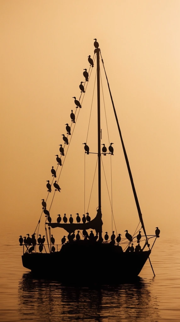 A stark black silhouette of a small sailboat rests on calm waters beneath a hazy, sepia-toned sky. Dozens of dark aquatic birds roost across the vessel, lining the deck, clinging to the angled rigging ropes, and crowning the mast's peak. Monochromatic golden-amber light creates a seamless misty backdrop, with gentle ripples reflecting the warm glow. This high-contrast maritime composition emphasizes the jagged outlines of the resting flock against the smooth gradient atmosphere.
