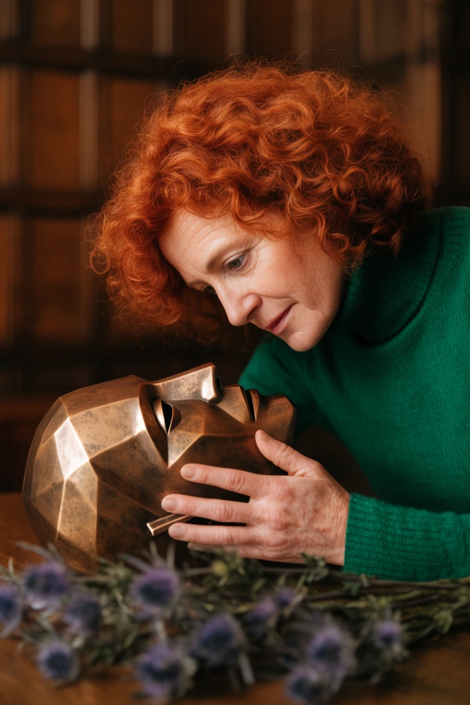 middle-aged woman with curly red hair wearing an emerald green turtleneck, leaning deeply to inspect a resting bronze geometric mask, warm cinematic lighting, shallow depth of field, blurred dark oak background, dried purple thistles in foreground