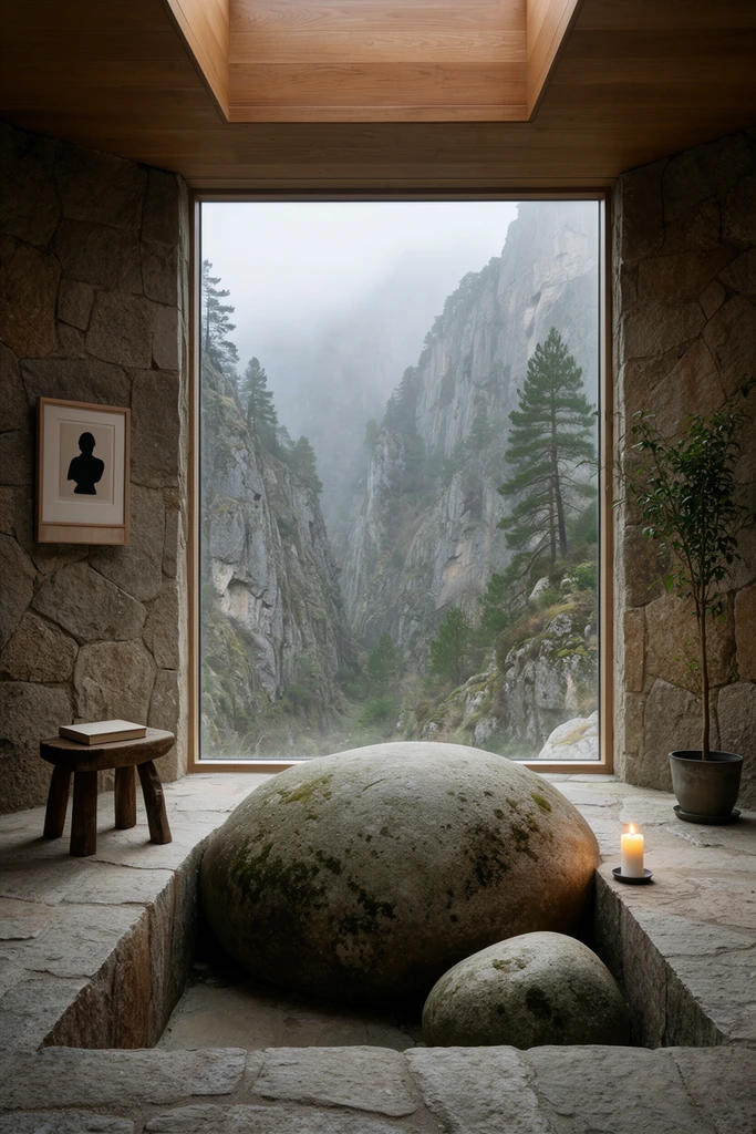 A tranquil interior of irregular stone blocks featuring a massive floor-to-ceiling window that frames a misty mountain gorge with steep cliffs and pine trees. A rectangular sunken pit in the stone floor holds a massive, smooth, moss-speckled boulder and a smaller rock, illuminated by a lit white candle on the edge. To the left, a rustic wooden stool and closed book sit beneath a framed silhouette artwork on the rough wall. A slender potted plant stands to the right. The warm wood ceiling includes a recessed skylight. Soft, diffused daylight fills the brutalist architectural space, seamlessly blending raw interior design with the dramatic wild landscape outside.