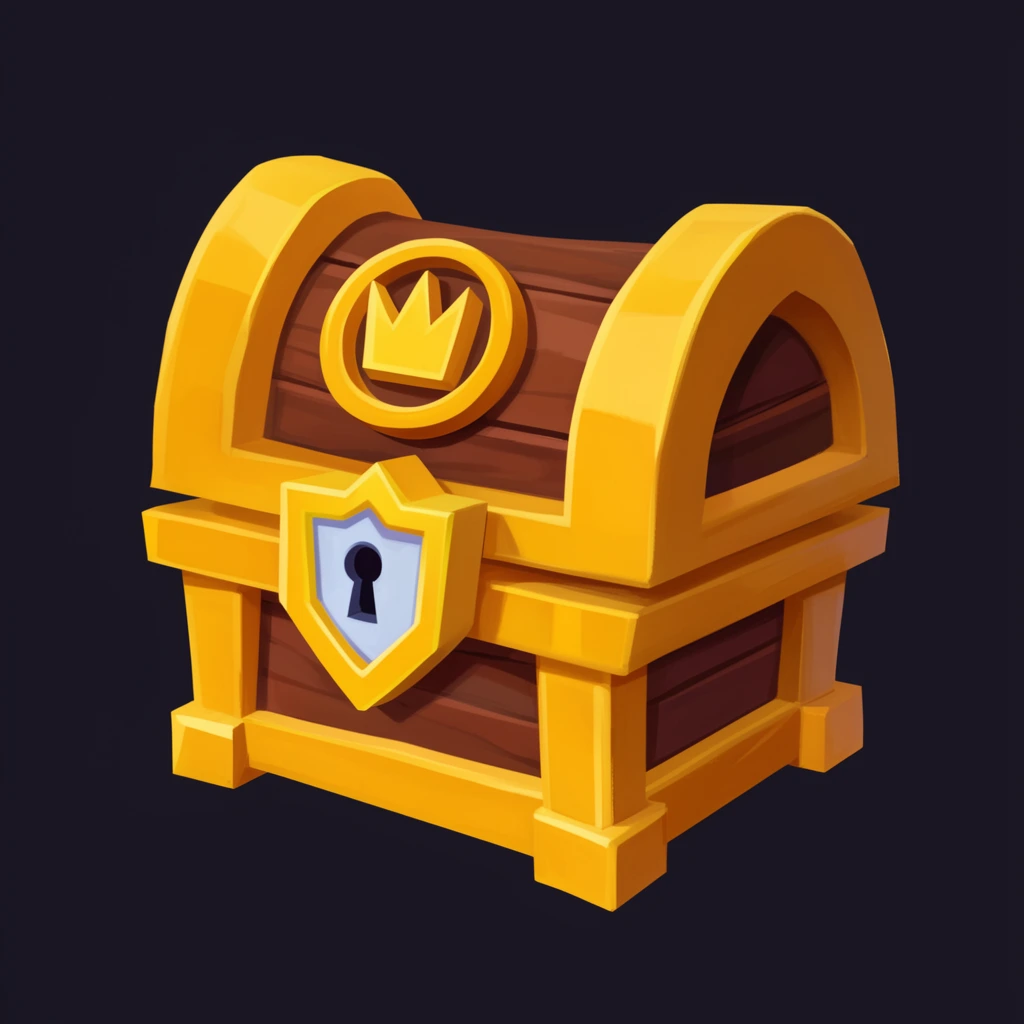 A stylized wooden treasure chest with chunky golden hardware sits against a solid dark background. Dark brown planks form the rectangular base and arched lid, bound by thick, vibrant yellow-gold framing. A shield-shaped golden lock with a pale blue center and dark keyhole anchors the front, while a circular crown emblem decorates the lid. The clean digital illustration features smooth shading, crisp geometric edges, and highly saturated colors.