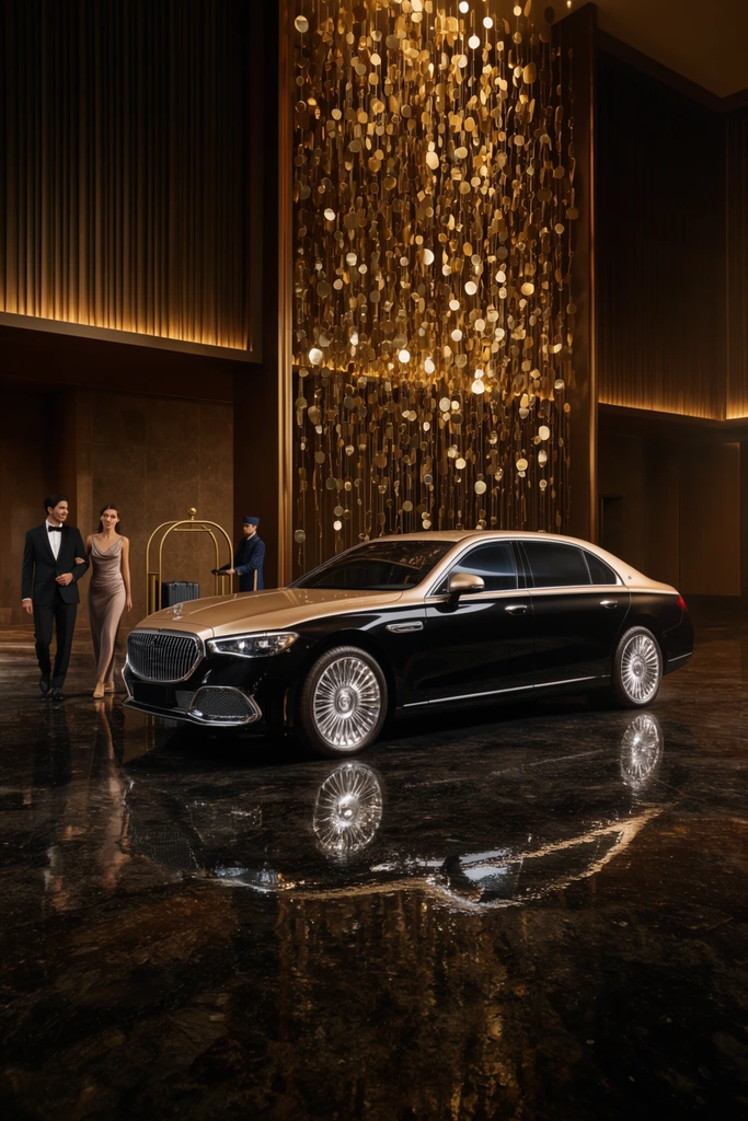 luxurious two-tone sedan with deep black lower body and champagne gold upper, glossy wet dark stone floor with sharp mirror reflections, chrome multi-spoke wheels, opulent architectural interior, towering decorative screen of suspended metallic gold elements, warm golden ambient lighting, elegantly dressed couple walking in background left, bellhop pushing brass luggage cart behind them, high-end commercial automotive photography, cinematic lighting, deep shadows
