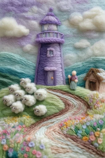 Tactile Fiber Landscapes style reference image — whimsical wool texture