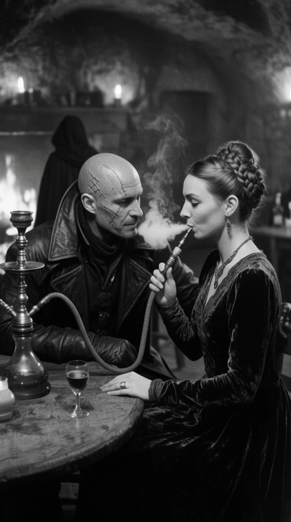 black and white film photography, bald scarred man in a leather trench coat and a woman in a velvet gown with a braided updo sitting at a table, sharing a smoking hookah pipe, intimate conversation, dimly lit cavernous tavern setting, soft focus background with a cloaked figure near a fireplace, dramatic cinematic lighting, high-contrast, deep shadows, mid-shot