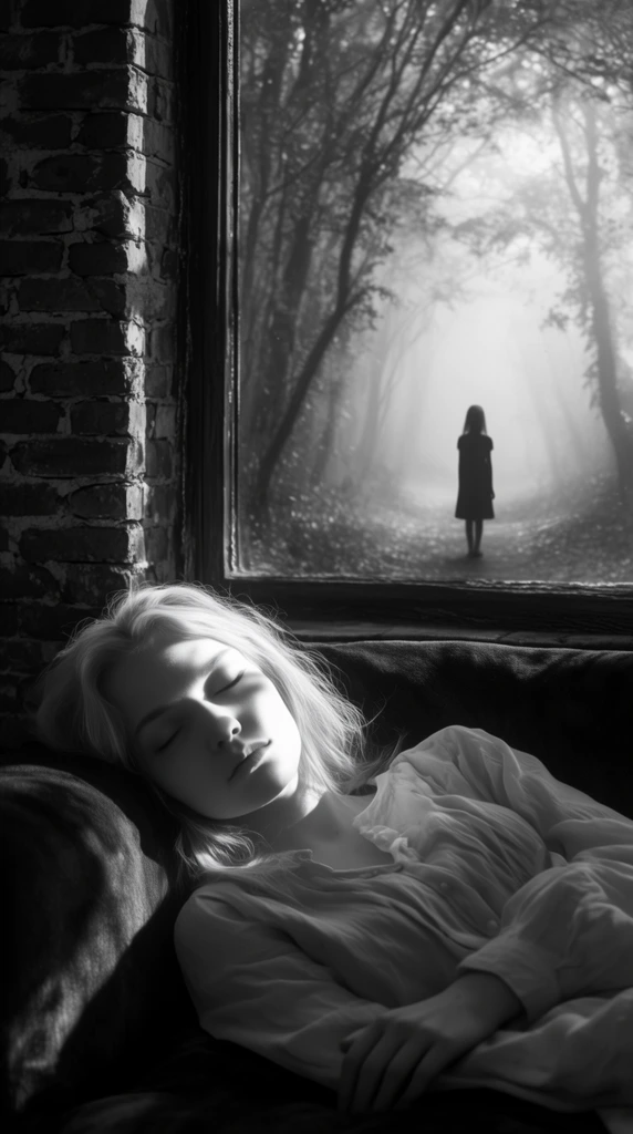 black and white photography, sleeping blonde woman on dark couch, sunlit face, window revealing misty forest path with distant silhouette of a girl, brick wall, high contrast, surreal dreamlike atmosphere