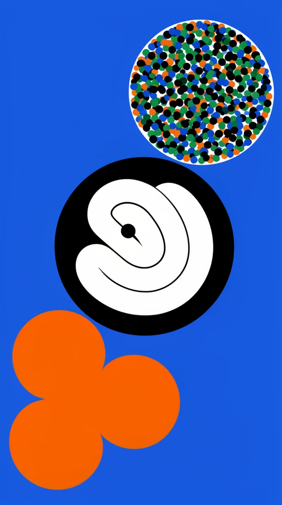A minimalist vector composition on a solid vibrant blue background featuring three diagonally aligned abstract shapes. An orange trefoil sits at the bottom left. A central black circle encloses a thick, white, continuous looping line with a small circular cutout. The top right features a circle filled with densely packed dots in black, green, blue, and orange. Flat color fields and crisp geometric boundaries define the graphic.
