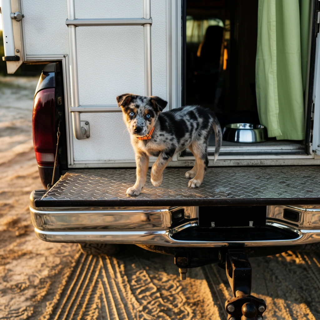 A spotted puppy with bright blue eyes stands on the diamond-plate tailgate of a pickup truck carrying a white camper shell. The young dog features a mottled black, gray, white, and tan coat and a thin orange collar, looking directly at the viewer with one front paw slightly raised. To the left, a silver metal ladder is mounted to the textured white camper exterior. On the right, an open camper door reveals a light green curtain, a dark interior, and a reflective silver bowl on the floor. The truck has a dark crimson taillight housing and a highly polished chrome bumper positioned above a heavy-duty black hitch assembly. Warm, low-angle golden hour sunlight illuminates the textured sandy ground marked by deep tire tracks, highlighting the adventurous outdoor lifestyle aesthetic captured with a shallow depth of field.