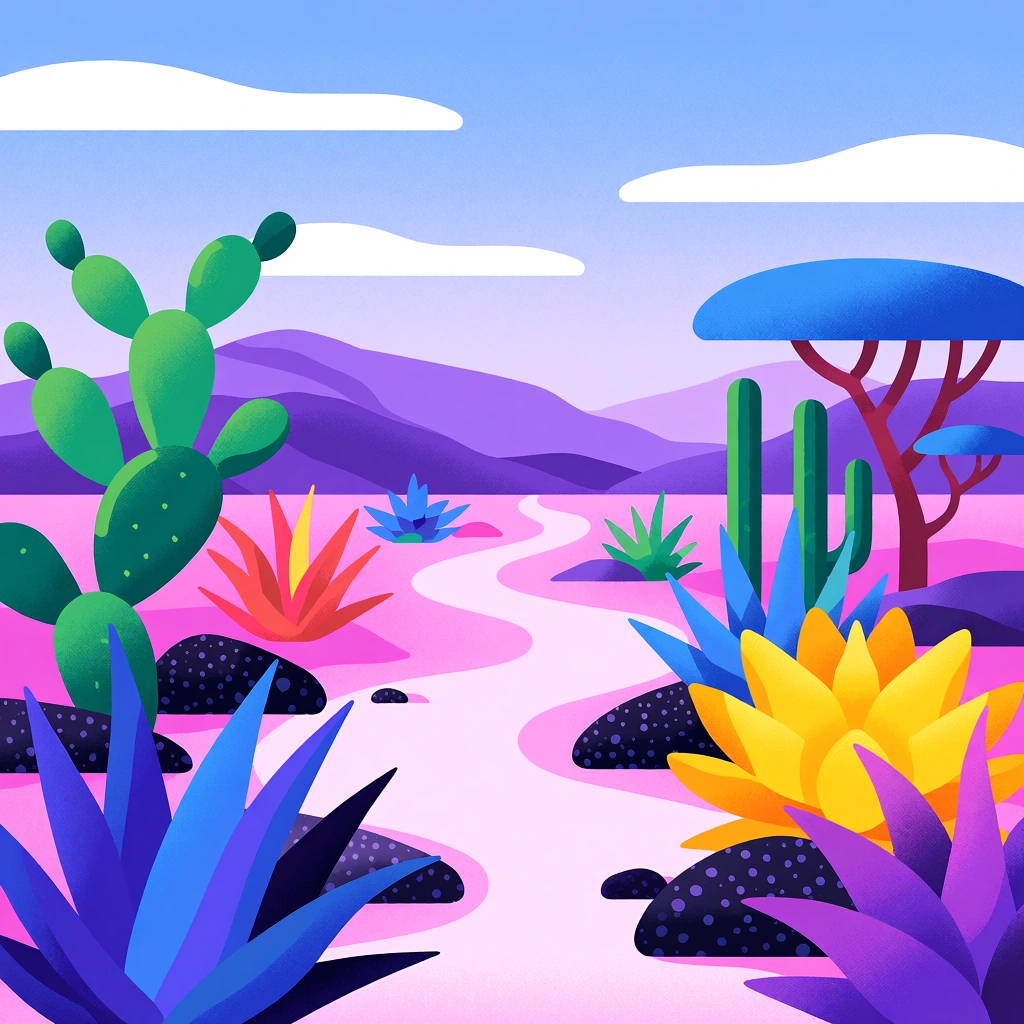 A stylized desert landscape illustration featuring a winding pale pink path through vibrant oversized flora. The foreground showcases large blue and purple pointed leaves, a bright yellow succulent, and speckled dark stones. A green prickly pear cactus stands left, balanced by slender cacti and flat-topped blue trees right. Rendered in a flat digital vector art style with subtle stipple shading, the background reveals rolling purple mountains and flat-bottomed white clouds in a blue sky. The dreamlike palette emphasizes unnatural purples, pinks, and yellows.