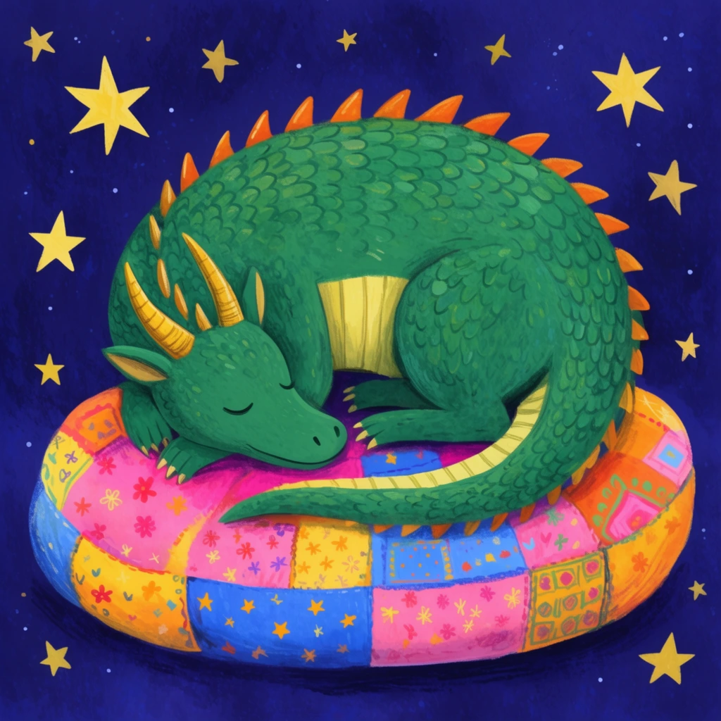 A sleeping green dragon is curled tightly on a vibrant patchwork cushion against a deep indigo sky filled with stylized yellow stars. The dragon features textured emerald scales, a pale yellow ribbed underbelly, curved golden horns, and a row of orange spikes running down its spine to its tail. It rests peacefully with closed eyes and small claws tucked near its face. The large, round cushion is quilted from bright pink, blue, yellow, and orange squares decorated with small floral, star, and geometric patterns. The rich navy background is scattered with sharp five-pointed stars of varying sizes and tiny white speckles. The artwork utilizes a whimsical, flat-perspective illustration style with textured digital brushstrokes that mimic traditional gouache and colored pencil, creating a soft, colorful, and enchanting composition.