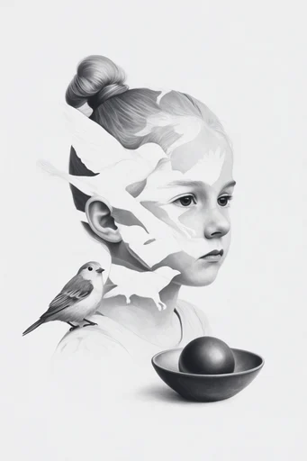 Monochromatic Surrealist Deconstruction style reference image — high-contrast portrait collage
