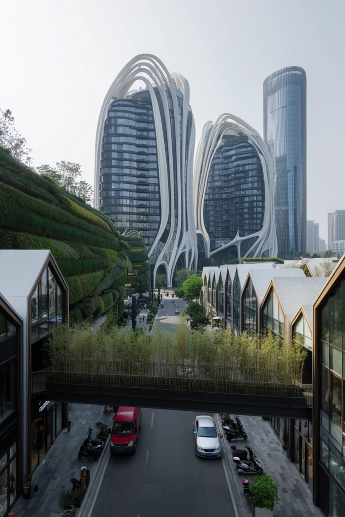 A modern urban landscape juxtaposes a low-rise pedestrian plaza with striking biomorphic skyscrapers under a hazy sky. An elevated dark metal pedestrian bridge lined with bamboo spans an asphalt road holding a red van, a silver car, and parked scooters. Flanking the street are gabled retail spaces with expansive glass panes and a massive terraced wall covered in lush vertical gardens. Towering futuristic high-rises dominate the background skyline, featuring dark glass facades enveloped by sweeping, organic white architectural fins alongside a tall cylindrical glass tower. The elevated perspective uses the central road as a leading line into the deep cityscape, captured with a deep depth of field and soft, diffused daylight emphasizing the bold contrast between human-scale structures and towering organic architecture.