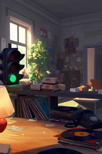 Neon Lofi Maximalism style reference image — cluttered interior