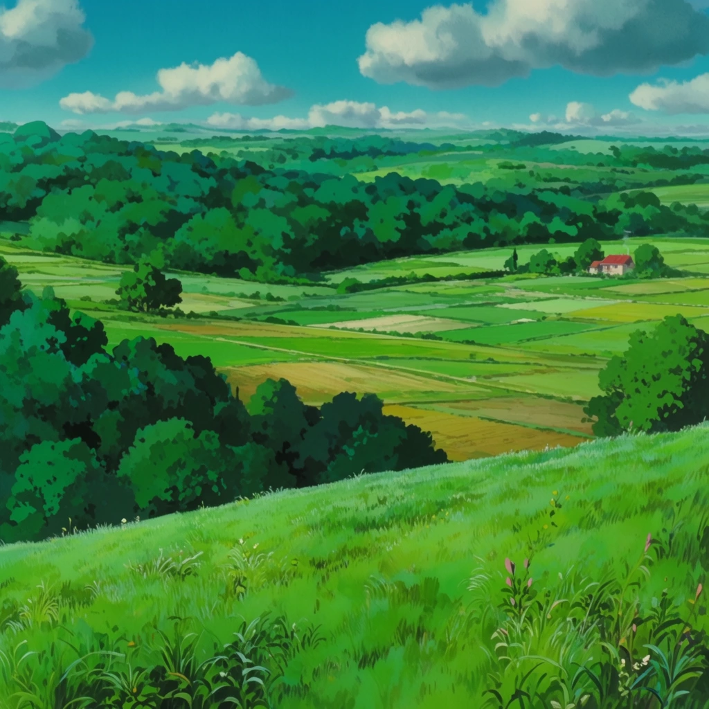 lush rolling countryside landscape, vibrant animation background art, detailed grassy foreground hill, expansive patchwork fields, dense emerald forests, distant house with red roof, bright blue sky with fluffy clouds, painterly brushwork