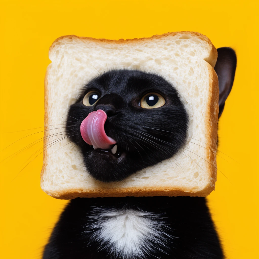 A black cat with a white chest patch pokes its face through a square slice of white bread. The cat licks its nose with a pink tongue, looking upward against a solid, vibrant yellow background.