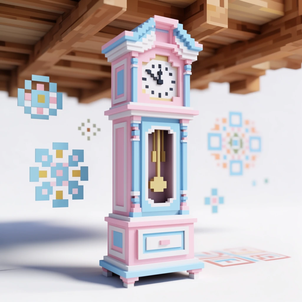 A tall grandfather clock constructed of 3D voxel blocks stands directly beneath blocky wooden ceiling beams. The clock features a pastel pink, baby blue, and white cubic structure resting on a clean white ground plane. Floating flat pixel-art geometric patterns hover in the surrounding air. Soft directional lighting casts distinct drop shadows from the clock onto the floor. The scene utilizes a high-fidelity 3D voxel aesthetic with a slightly angled perspective, clean matte surfaces, and a shallow depth of field gently blurring the background elements.
