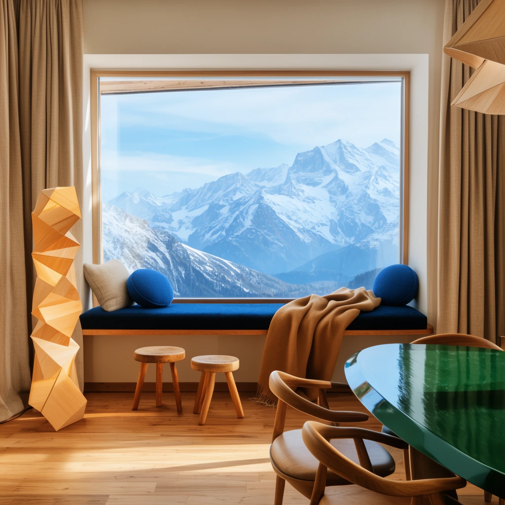 A sunlit alpine interior featuring a wide window framing snow-capped mountains. A built-in window seat holds a dark blue cushion, beige and round blue pillows, and a draped camel throw beside two small wooden stools. In the foreground right, a glossy dark green dining table is surrounded by curved wooden chairs. A geometric wooden floor lamp and beige curtains complement the warm wood floors, contrasting with the cool blue landscape.