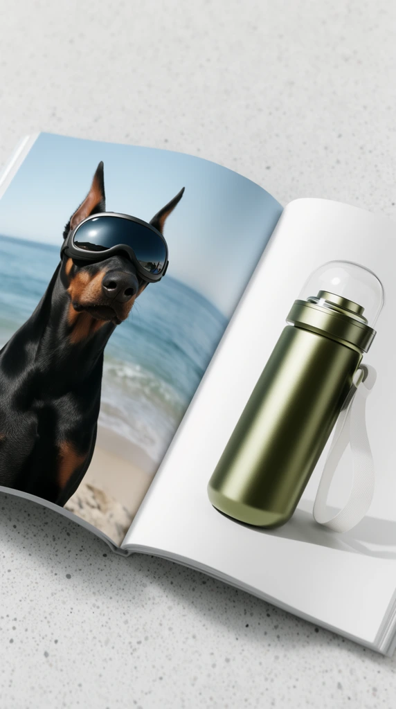 open magazine on a speckled light gray surface, high-angle perspective, left page featuring a black Doberman dog wearing large reflective dark goggles on a beach with blue ocean water, right page displaying a sleek cylindrical metallic olive green bottle with a transparent domed top and a white fabric strap, clean minimalist editorial layout, bright studio lighting, shallow depth of field blurring the outer edges, photorealistic mockup style
