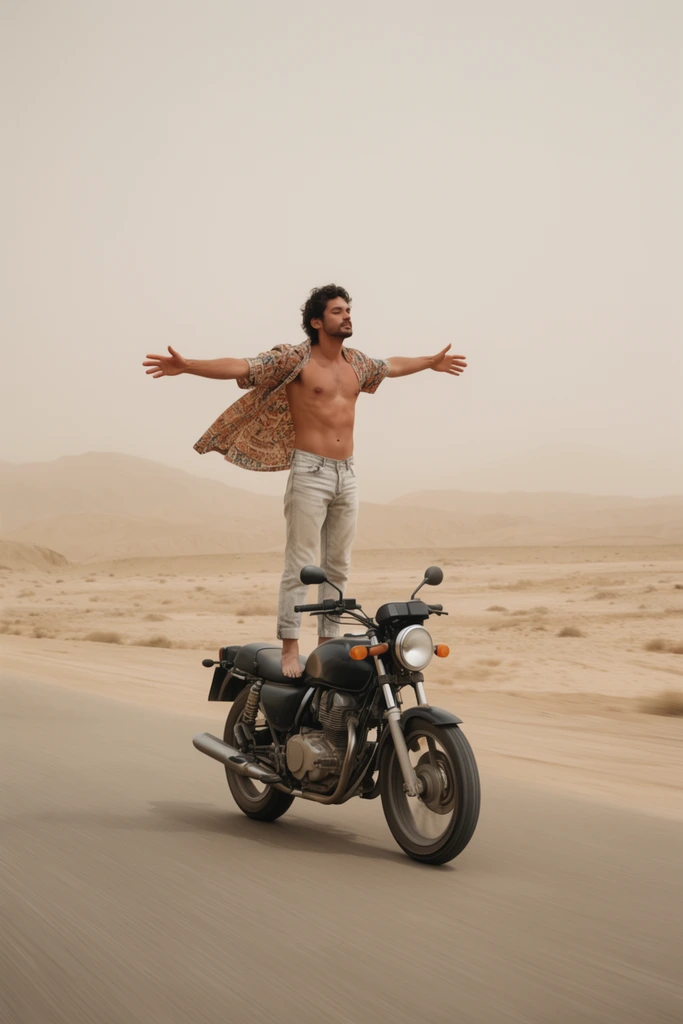 man standing upright on moving motorcycle seat, arms outstretched, open patterned shirt billowing, bare chest, empty paved desert road, hazy sandy hills, muted beige palette, wide action shot
