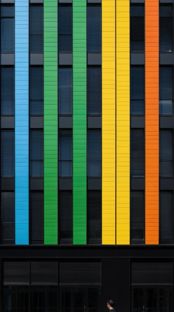 A modern building facade features a striking geometric pattern of vertical, brightly colored panel bands alternating with dark windows. The rigid architectural grid comprises horizontal rectangular cladding blocks arranged in tall columns of sky blue, vibrant green, sunny yellow, and bright orange. Interspersed between these vivid sections are narrow columns of dark tinted glass mostly covered by closed dark horizontal blinds. Below the colorful upper stories, the ground level forms a heavy black foundation of dark slatted metal and deep-set glass doorways. At the bottom edge, a partially visible person in a dark shirt provides scale. Captured from a direct frontal perspective, the architectural photography emphasizes the crisp lines, barcode-like rhythm, and high contrast of the vibrant hues against the black voids under bright, even daylight.