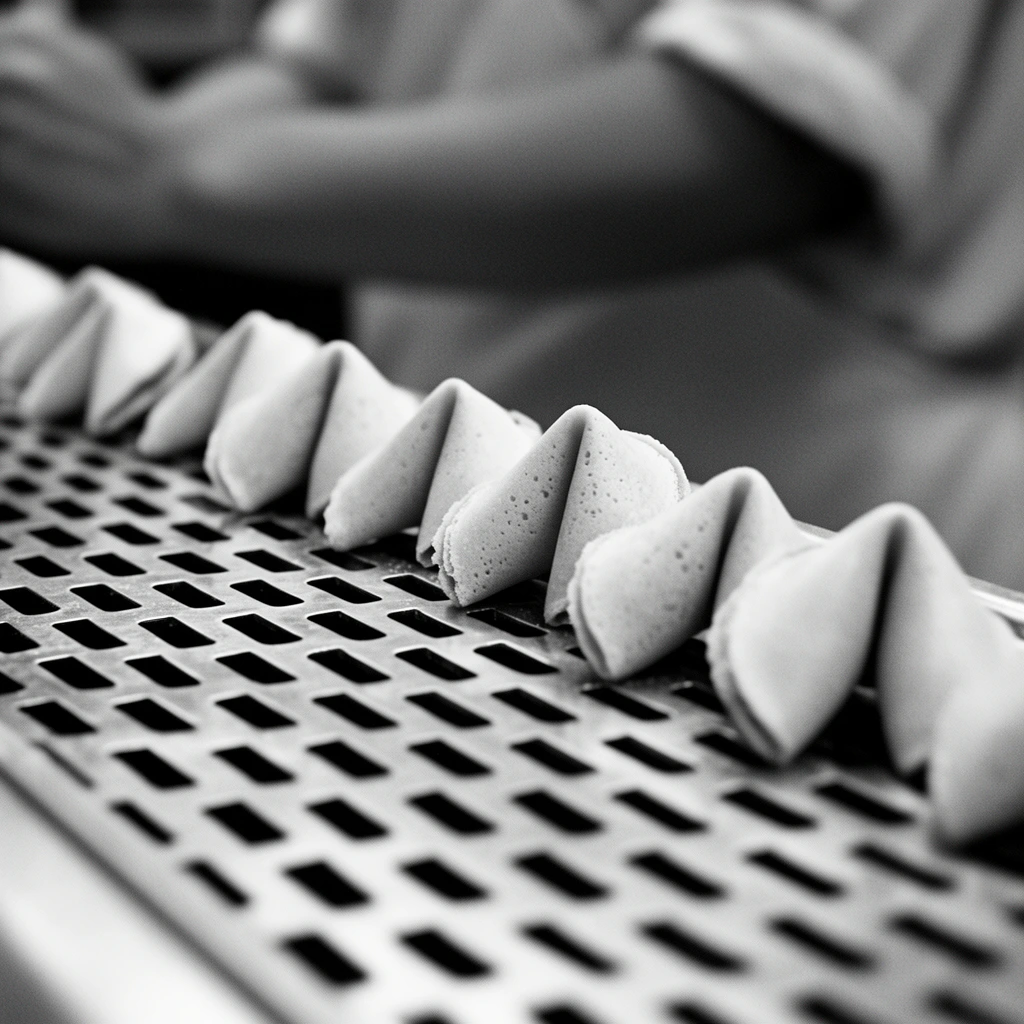 A diagonal row of folded fortune cookies rests on a metallic surface punched with dark rectangular holes in this macro black and white photograph. The cookies exhibit a classic crescent shape and porous texture, standing upright along the perforated grid. A shallow depth of field isolates the central pastries in sharp focus while the foreground and background dissolve into soft gradients. In the out-of-focus background, a person's arm in a short-sleeved shirt implies an industrial setting. The monochromatic composition utilizes soft ambient lighting and subtle film grain, emphasizing the contrast between the repeating geometric voids of the metal grate and the organic, folded curves of the dough.