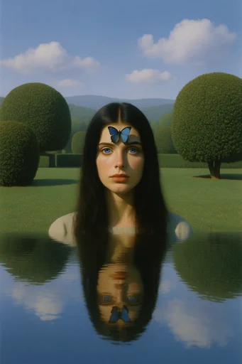 Surreal Liminal Pastoralism style reference image — perfect water reflection