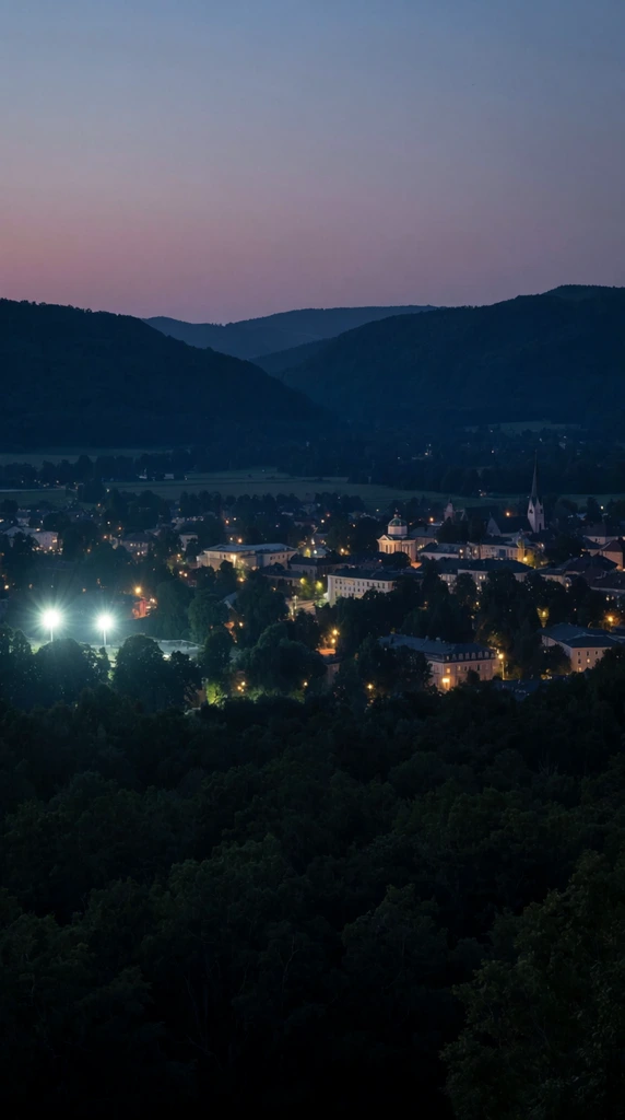 A wide cinematic landscape of an illuminated valley town at twilight framed by a dark, dense forest canopy in the deep foreground. Scattered warm yellow street lamps and lit building windows dot the midground settlement, contrasted by two intensely bright, cool-toned floodlights glaring on the left. The town's architecture features a pointed church spire and a classical domed structure among various buildings. In the distance, dark rolling mountain ridges create a solid silhouette against a smooth sky gradient shifting from dusky pink to deep indigo. The high-angle perspective and low-key lighting emphasize a serene evening atmosphere.
